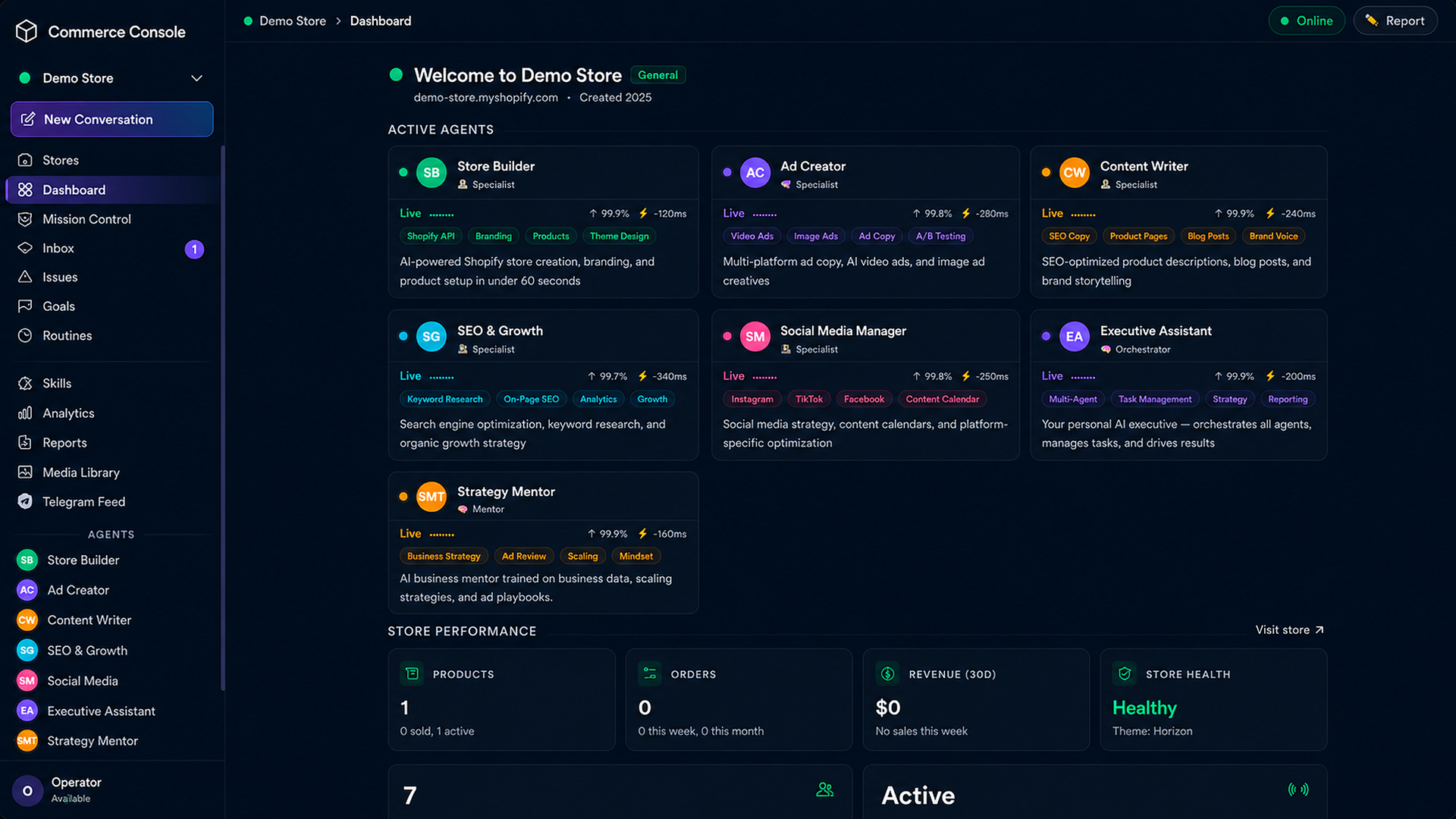 Commerce Agent Console dashboard